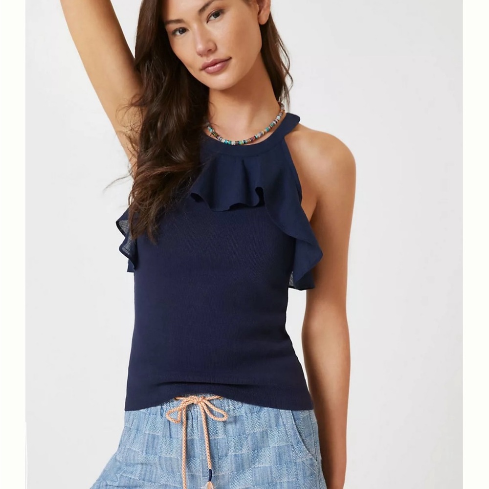 Anthropologie Maeve Sz XS Navy Ruffle Halter Top Tank Ribbed
